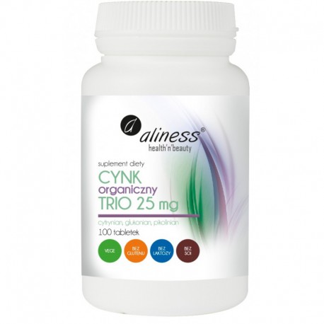 Cynk organiczny TRIO 25mg 100 tabletek Cytrynian cynku Glukonian Cynku Pikolinian Cynku Aliness